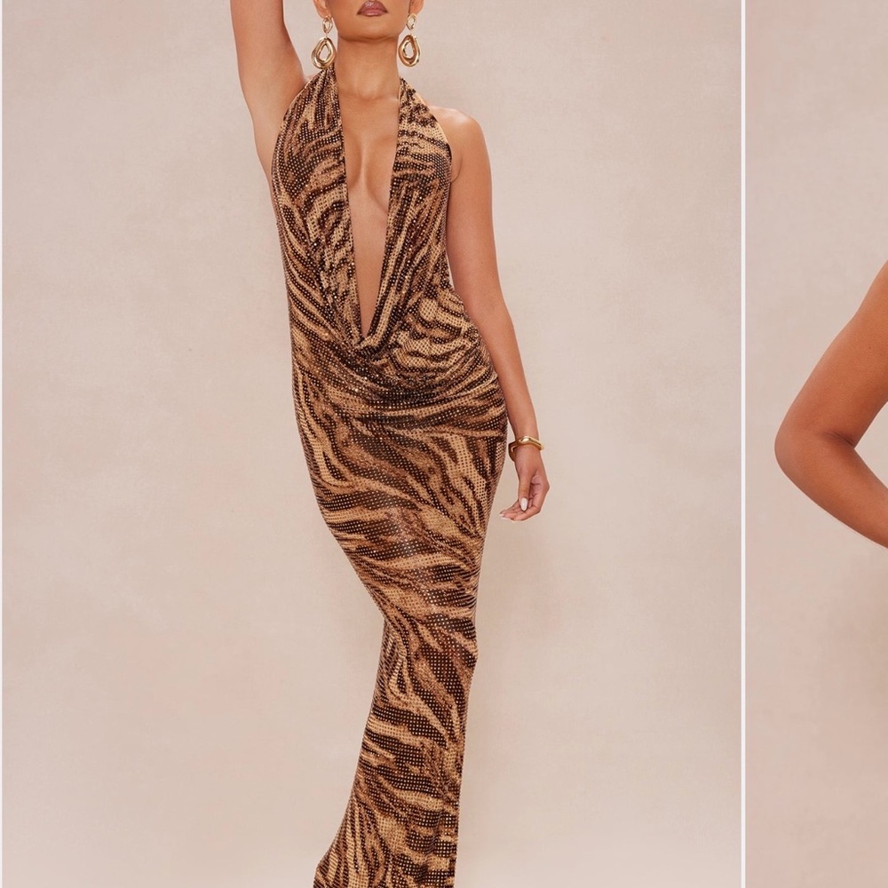 Elegant Brown Rhinestone Zebra Print Dress